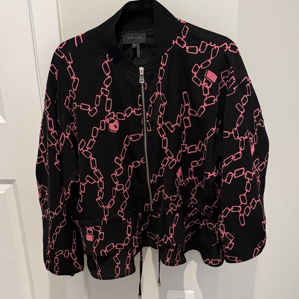 Gracia Black and Pink Chain Pattern Bomber Jacket